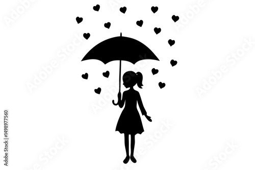 Minimalist Black and White Silhouette Illustration of a Graceful Girl Holding an Umbrella Under Raining Hearts, Simple Elegant Line Art with Whimsical and Delicate Design
