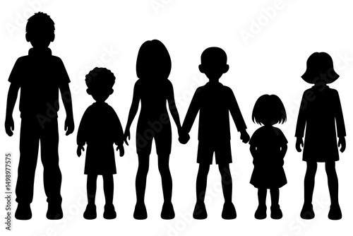 Black and White Simple Minimalist Vector Illustration of Family Silhouette Featuring Various Human Figures in Clean and Modern Style