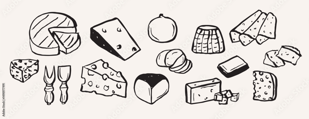 Naklejka premium Hand drawn different cheese collection