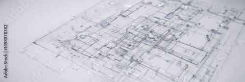 Clean blueprint design, technical drawing style, white background, abstract, wireframe, industrial