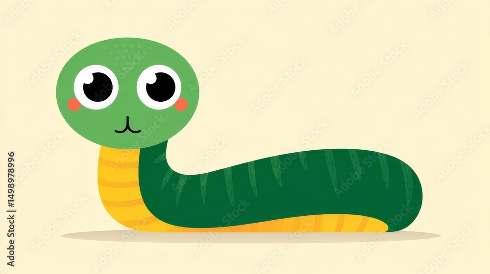 Fototapeta premium Kawaii Snake Character with Big Eyes and a Smiling Expression on a Simple Background