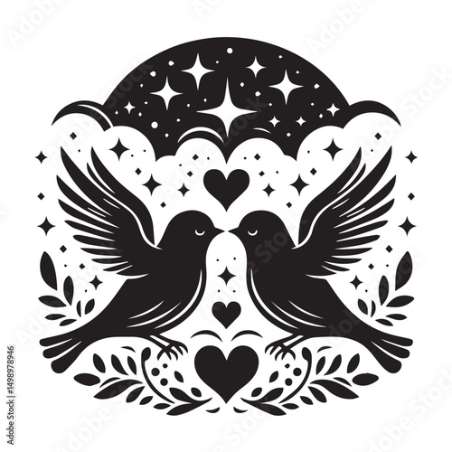 Romantic black and white illustration of two birds in love under a starry night sky
