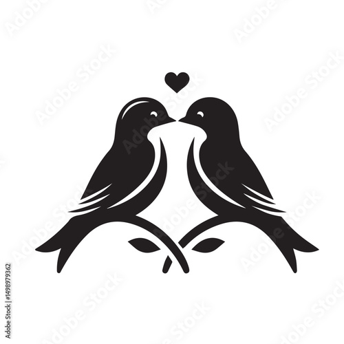 Two birds kissing on branch with heart romantic love illustration