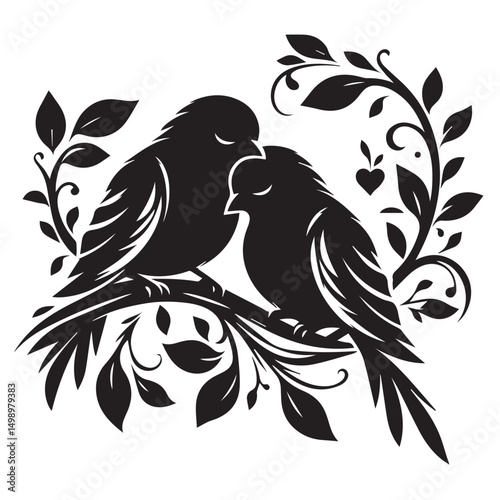 Romantic silhouette of two birds kissing on a branch with ornate floral design