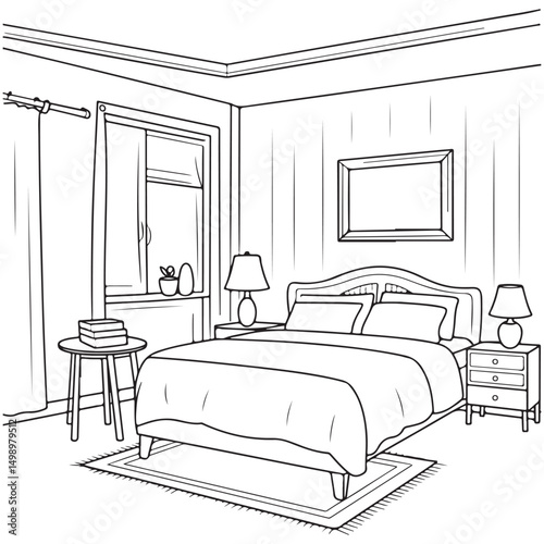 Cozy Bedroom Interior with Bed, Nightstand, and Window - Line Art for Home Design photo