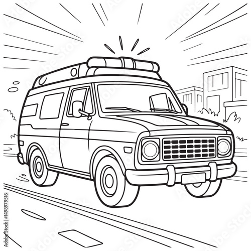 Ambulance Driving Through City Streets - Line Art for Emergency Services