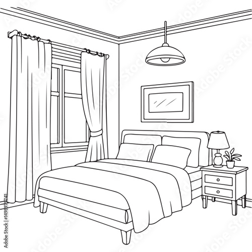 Cozy Bedroom Interior with Bed, Nightstand, and Window - Line Art for Home Design
