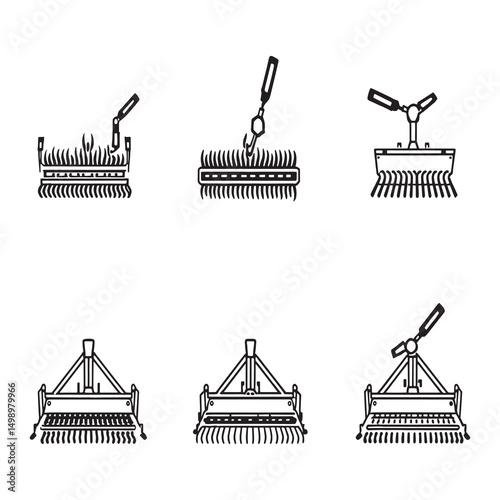 Line Art Vector of Windrow Turner for Farming Machinery Design