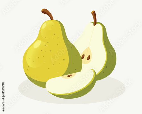 Vector illustration of set of pear fruit, whole and cut on white background. Green and yellow pear fruit in cartoon flat style