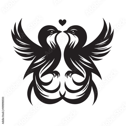 Two birds kissing with wings spread in black and white design