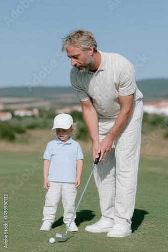 Teaching young boy the fundamentals of golf on a sunny afternoon at a scenic driving range. Family Golf Month