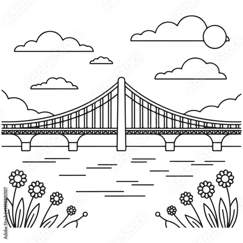 Bridge Over Water with Wooden Path Leading Toward It - Line Art for Landscape and Infrastructure photo