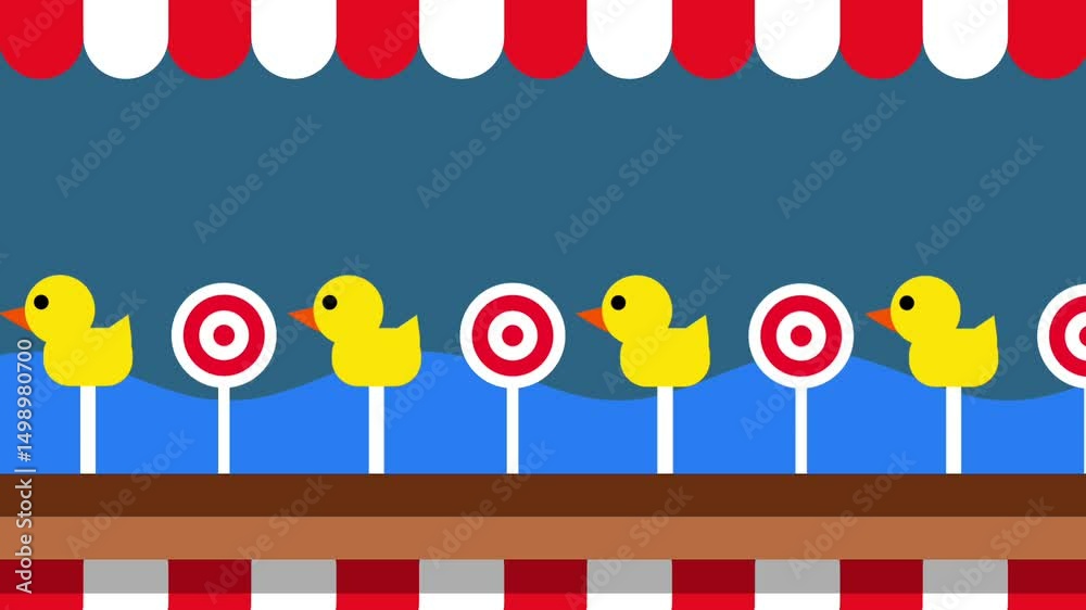 A row of five yellow ducks stands in front of a blue backdrop and targets in a classic carnival shooting game setup