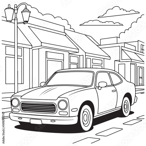 Classic Car Parked on a City Street - Line Art for Transportation and Urban Design