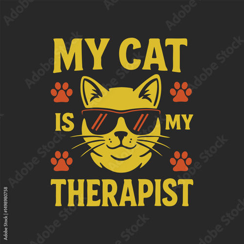 Vintage Cat Quote Illustration – "My Cat is My Therapist"