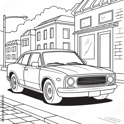 Classic Car Parked on a City Street - Line Art for Transportation and Urban Design