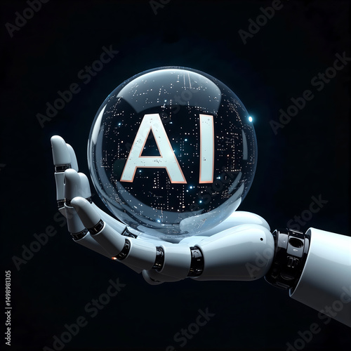 3D render of A robot hand with a glass globe wit ai