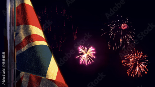 Cuadro en lienzo United Kingdom (UK) flag is hanging on firework sky for anthem day - soft focus