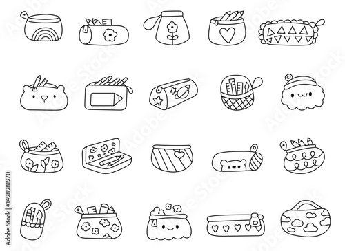 Pencil case set with outline line art design including zipped fabric pouches school containers holders boxes tools supplies drawing writing learning stationery projects
