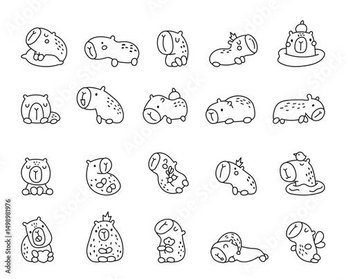 Capybara character outline line art set with various charming poses including resting, sitting, sleeping, holding, floating, bathing and dreaming for yours illustration and creative designs projects