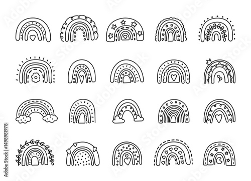Hand drawn rainbow set with curved shapes outline line art decorative elements created for cozy atmospheric nursery weather themed illustration design projects