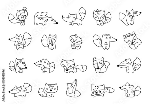 Fox character set in outline line art with fluffy adorable animal designs showing cute cartoon poses and emotional expressions for yours illustration and creative projects