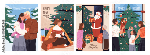 Greeting Christmas card designs set. Templates of Xmas postcards. Families are preparing for New Year, celebration of winter holidays. Santa Claus, kids, couples with gifts. Flat vector illustrations