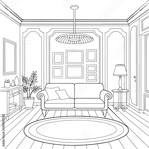 Living Room Interior with Sofa, Bookshelf, and Window - Line Art for Home Design