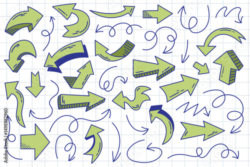 Colorful hand-drawn doodle arrows in a playful style. Features bold lines and soft tones. Perfect for educational visuals, note-taking apps, or decorative layouts for kids and teens.
