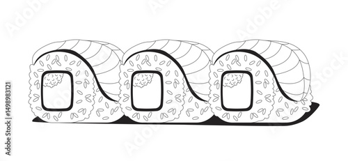 Three salmon sushi rolls filled with roe 2D line object. Asian cuisine. Seafood rice meal with raw fish. Japanese maki rolls isolated clipart vector ink outline item. Monochrome spot illustration