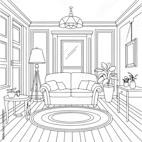 Living Room Interior with Sofa, Bookshelf, and Window - Line Art for Home Design