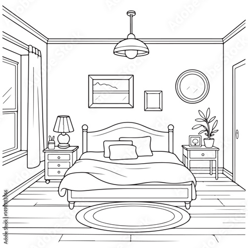 A line art sketch of a cozy bedroom with a bed, nightstands, a window showing the outdoors, and simple decor elements, designed in a minimalistic black-and-white style.