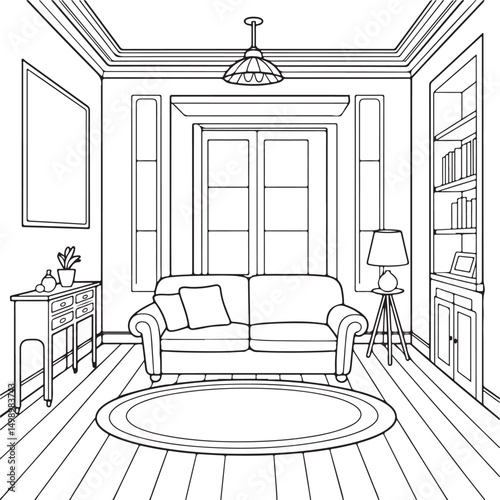 Living Room Interior with Sofa, Bookshelf, and Window - Line Art for Home Design