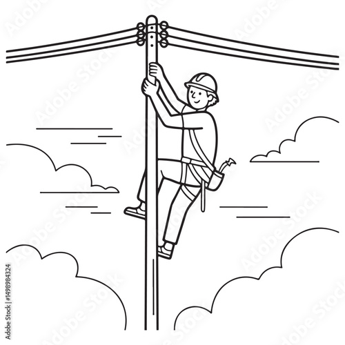 Lineman Climbing Power Pole to Install Electric Wires - Line Art for Utility Workers