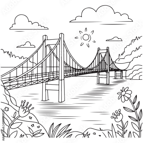 A detailed line art sketch of a bridge over a body of water, with scenic clouds and flowers at the foreground, captured in a minimalistic black-and-white style.