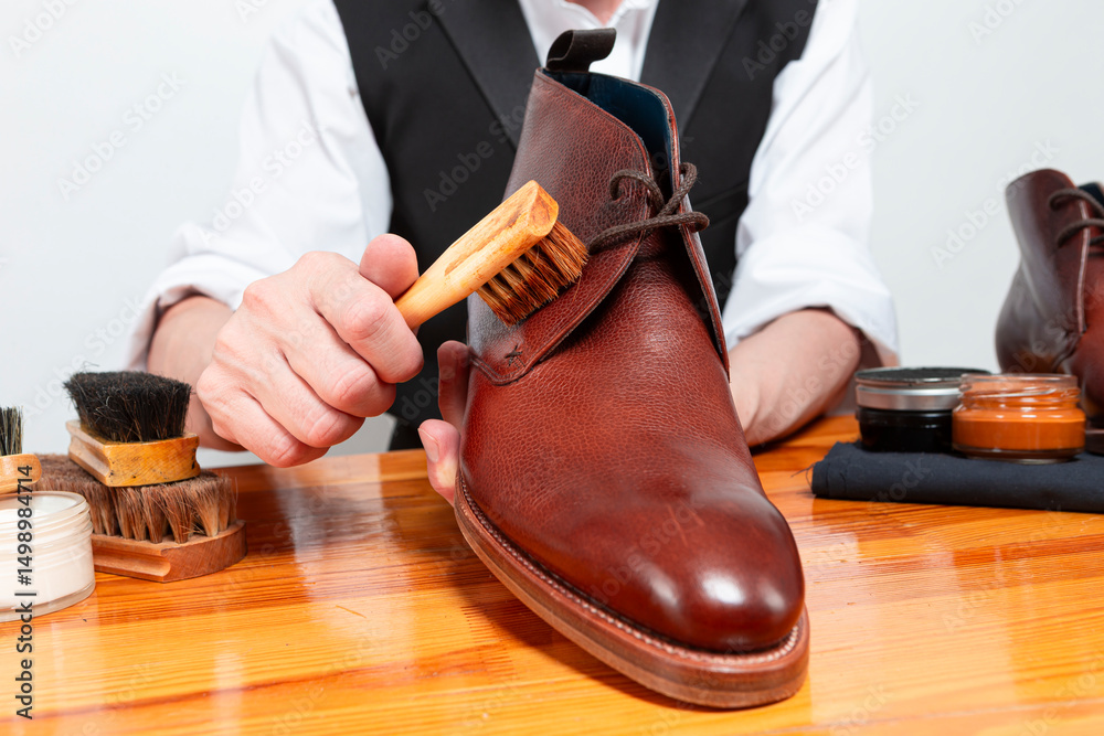 Fototapeta premium Closeup of Hands of Professional Male Shoes Cleaner with Cleaning Brushes For Tan Derby Leather Boots While Working in Workshop With Cleaning Brush.