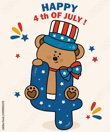 4th of july happy independence day number four with teddy bear wear uncle sam hat kawaii animal patriotic dress flat illustration