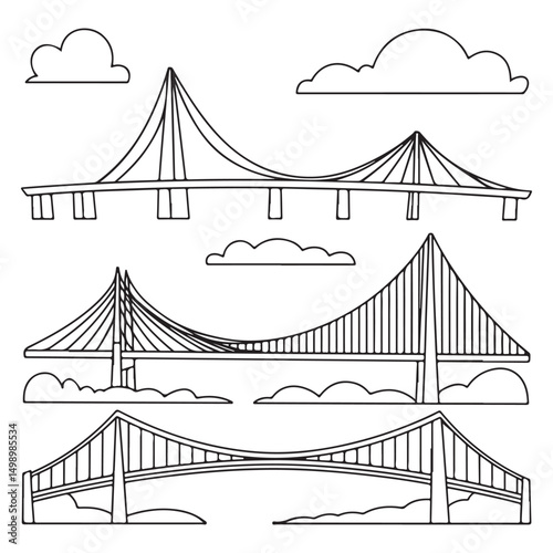 A detailed line art sketch of a bridge over a body of water, with scenic clouds and flowers at the foreground, captured in a minimalistic black-and-white style.