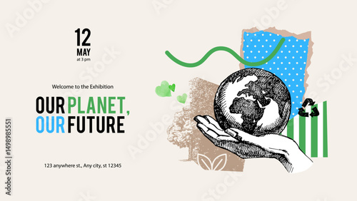 Hand drawn vintage eco-friendly ecology banner. Green project and exhibition collage design. Vector sketch vector illustration