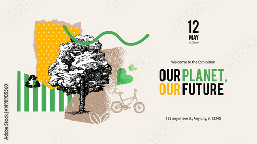 Hand drawn vintage eco-friendly ecology banner. Green project and exhibition collage design. Vector sketch vector illustration