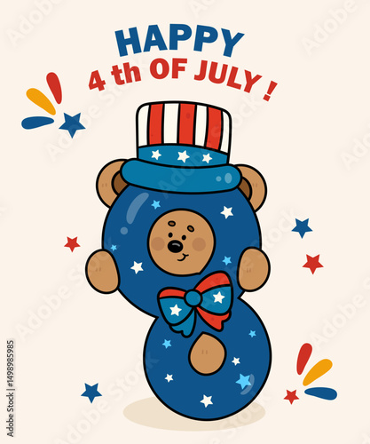4th of july happy independence day number 8 with teddy bear wear uncle sam hat kawaii animal patriotic dress flat illustration