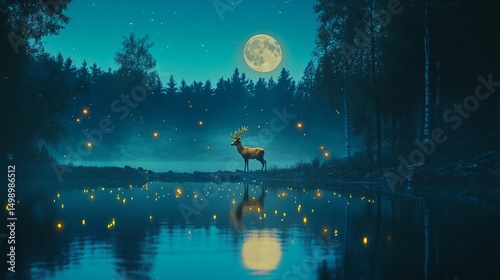 Deer silhouette by a lake with mist under a big full moon in a serene nightly forest. Magical night landscape for calm concept.
