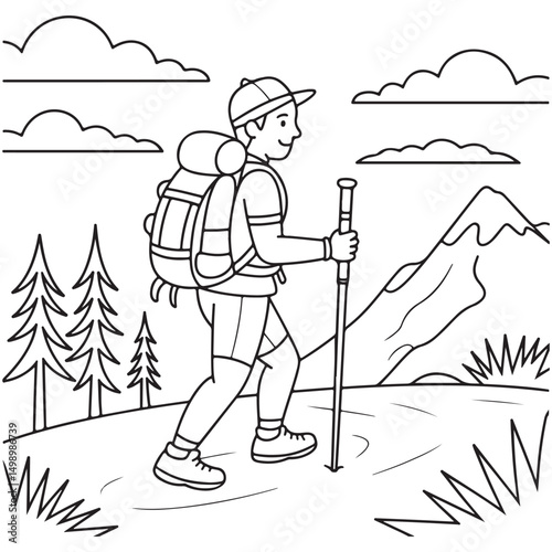 Hiker with Backpack Walking Through a Mountain Trail - Line Art for Adventure Enthusiasts