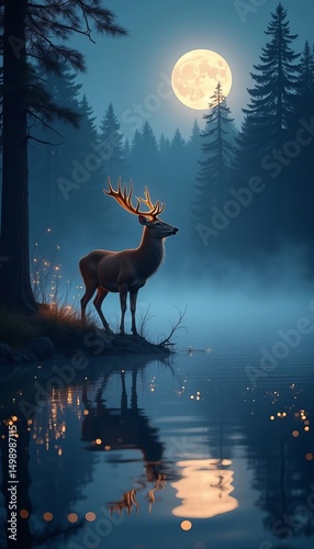 Deer standing on a grassy bank beside a lake under a full moon. Tranquil night scene with reflections and magical bokeh lights, nature concept.