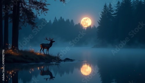Deer standing by a misty lake at night, reflected in calm water with a glowing full moon setting over evergreen forest.