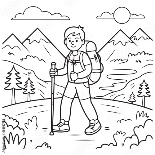 Hiker with Backpack Walking Through a Mountain Trail - Line Art for Adventure Enthusiasts