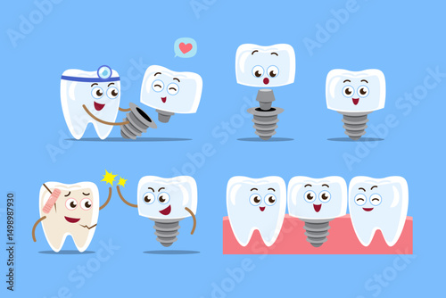 Dental implant procedure . Teeth cartoon characters . Dentist and artificial tooth . Isolated on blue background . Vector .