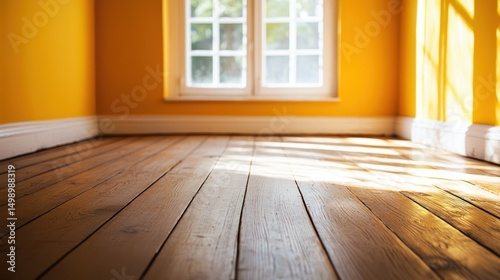 A wooden floor with sunlight streaming through a window in a room with yellow walls.