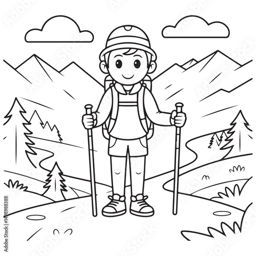 Hiker with Backpack Walking Through a Mountain Trail - Line Art for Adventure Enthusiasts