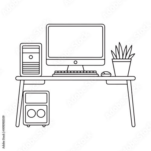 Hand-drawn illustration of a computer desk with desktop, monitor, and plant